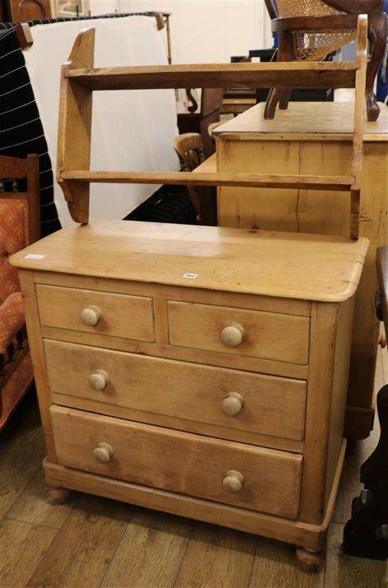 A small pine chest and a hanging wall shelf W.90cm, shelf W.82cm